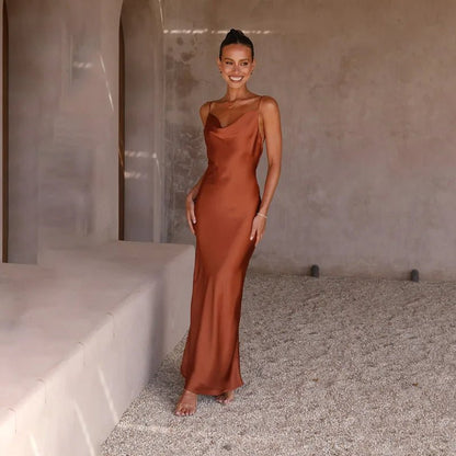 Elegant Satin Maxi Dress for Women with Cowl Neck Spaghetti Strap Side Slit Silky Style