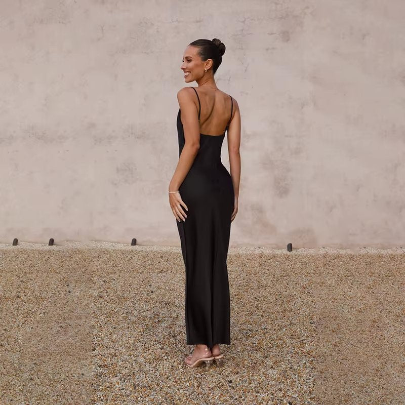 Elegant Satin Maxi Dress for Women with Cowl Neck Spaghetti Strap Side Slit Silky Style