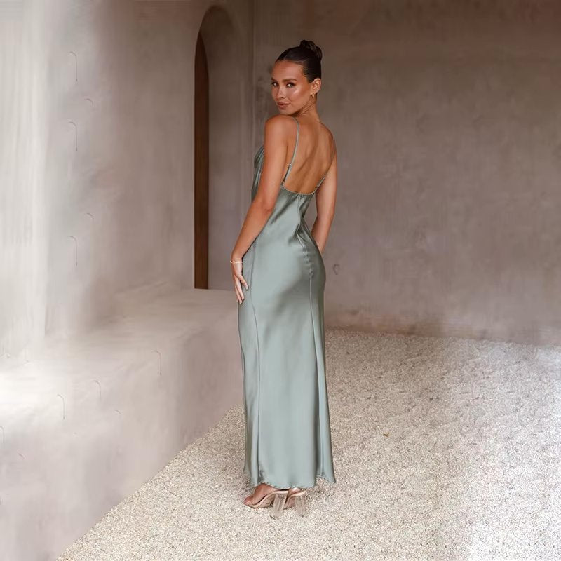 Elegant Satin Maxi Dress for Women with Cowl Neck Spaghetti Strap Side Slit Silky Style