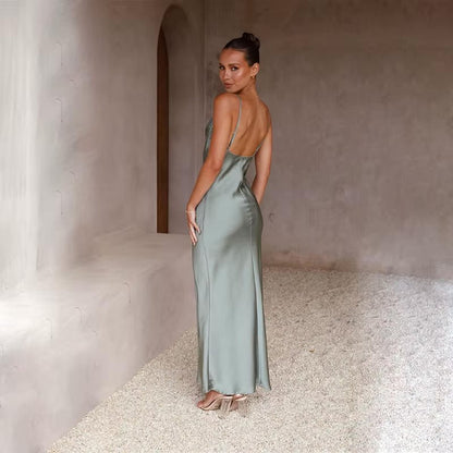 Elegant Satin Maxi Dress for Women with Cowl Neck Spaghetti Strap Side Slit Silky Style