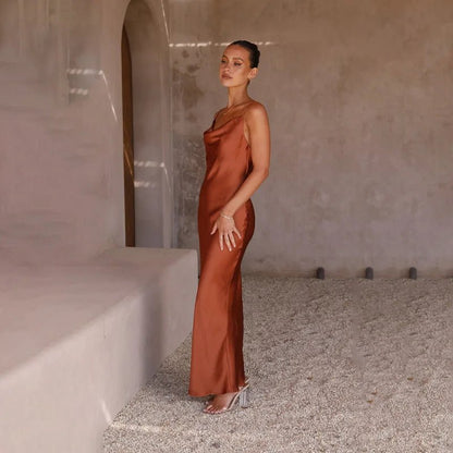 Elegant Satin Maxi Dress for Women with Cowl Neck Spaghetti Strap Side Slit Silky Style
