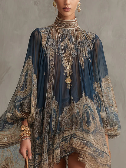 Effortless Navy Paisley Chiffon Mini Dress for Women with High Neck Balloon Sleeve Asymmetrical Hem Bohemian Style