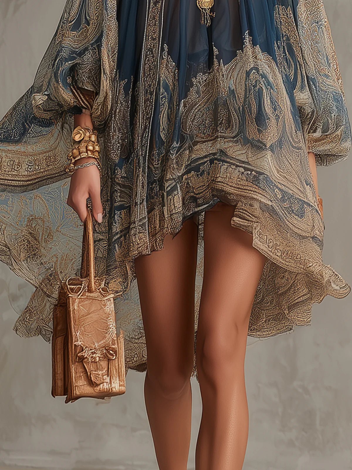 Effortless Navy Paisley Chiffon Mini Dress for Women with High Neck Balloon Sleeve Asymmetrical Hem Bohemian Style