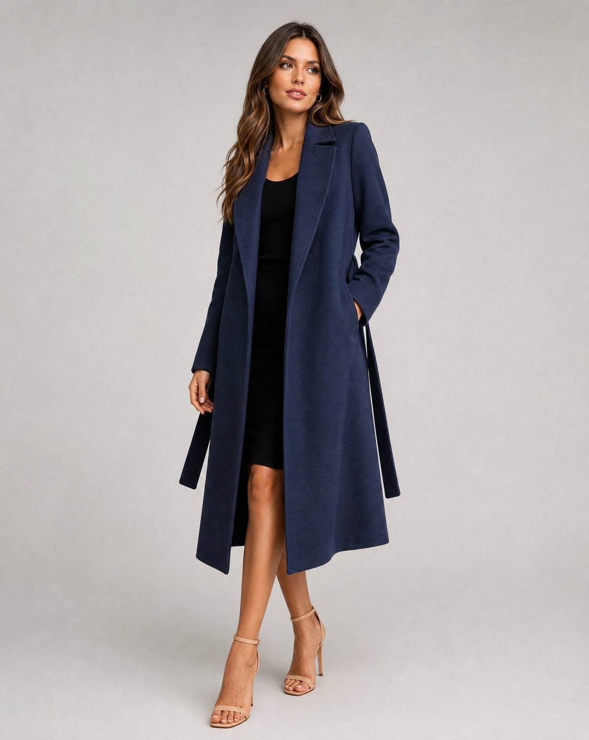 Women's Navy Belted Wool Coat
