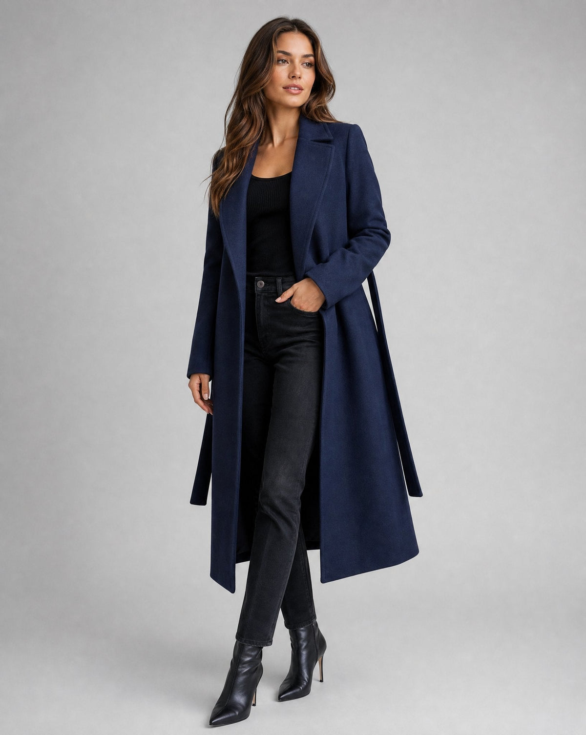 Women's Navy Belted Wool Coat