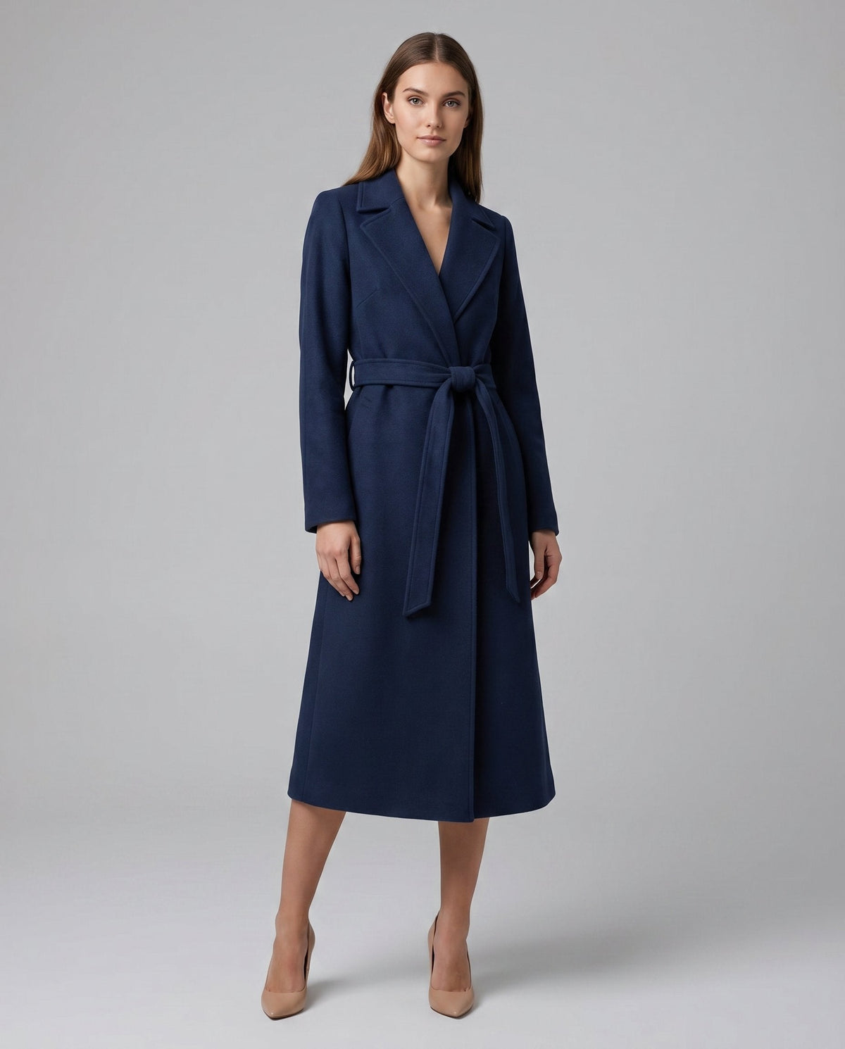 Women's Navy Belted Wool Coat