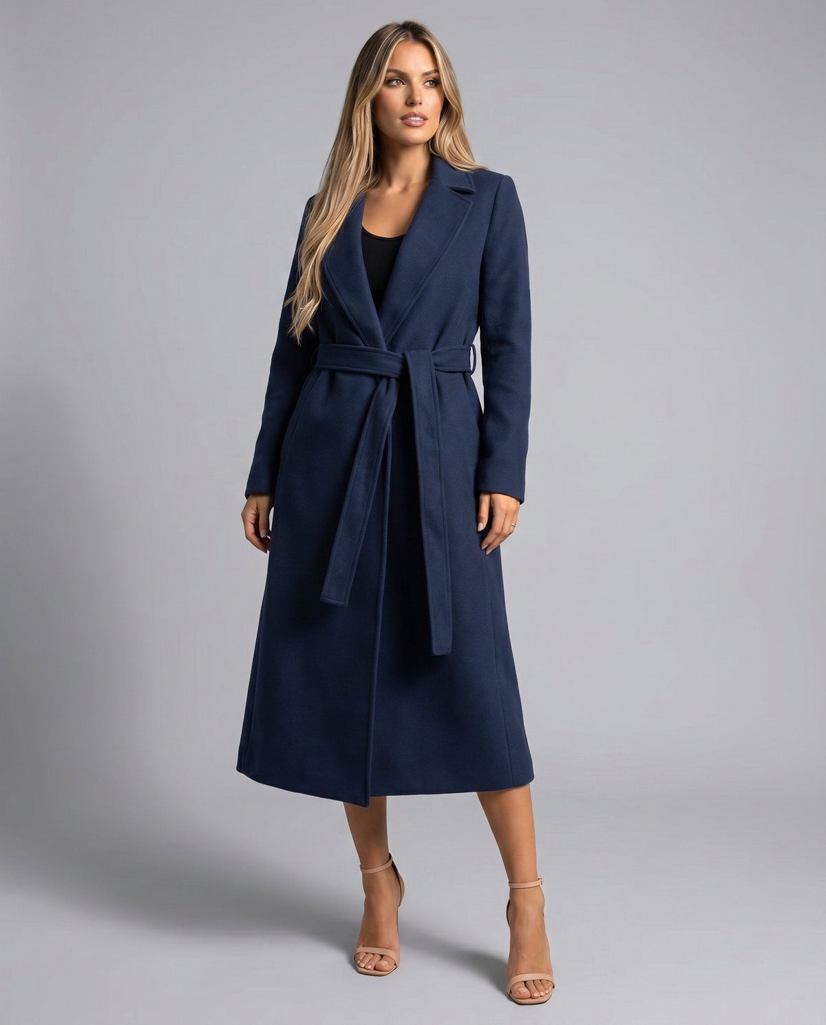 Women's Navy Belted Wool Coat