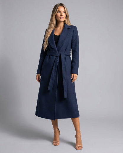 Women's Navy Belted Wool Coat