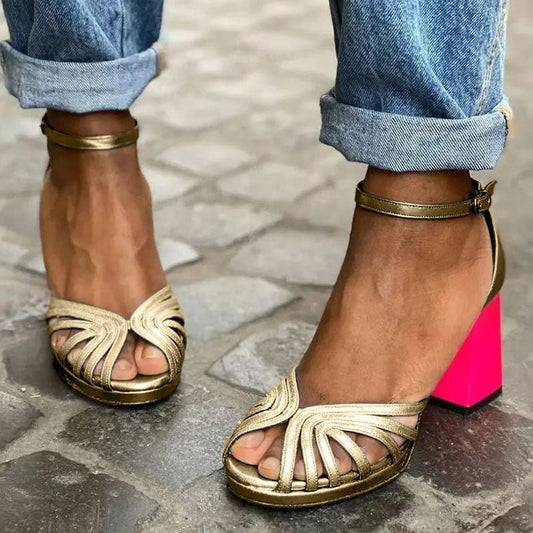 Stylish Gold Strappy Sandal for Women with Ankle Strap Block Heel Platform Style