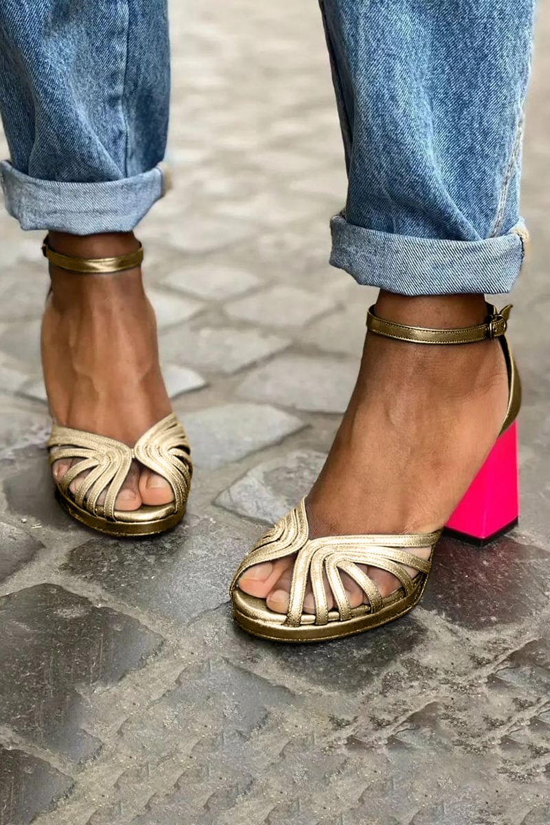 Stylish Gold Strappy Sandal for Women with Ankle Strap Block Heel Platform Style