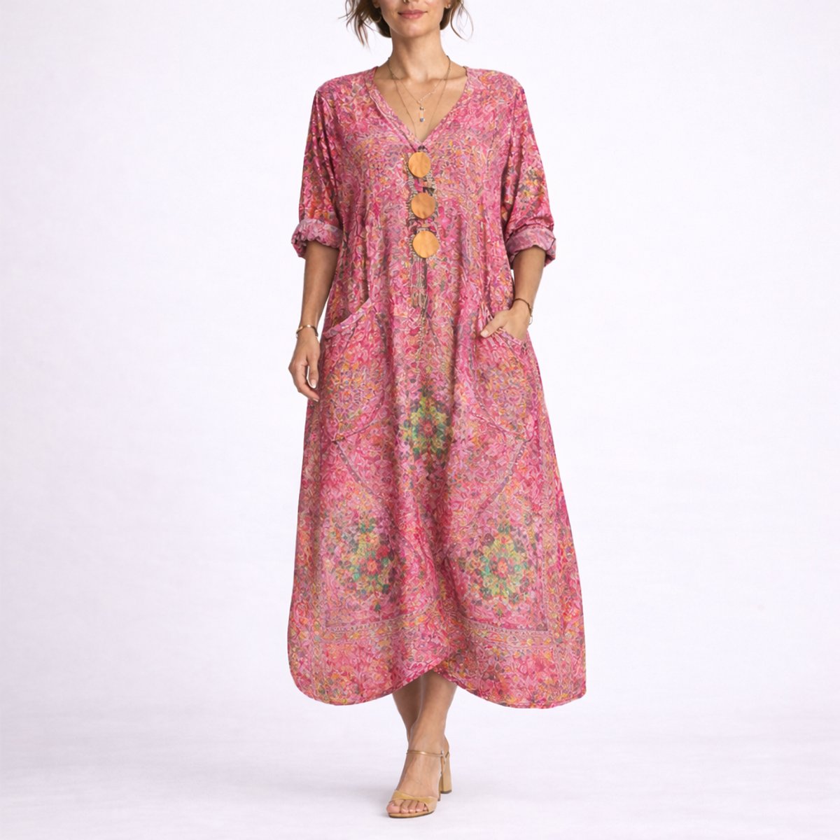 Effortless Printed Autumn Wedding Guest Dress for Women with V Neck Bell Sleeve Button Front Flowing Bohemian Style