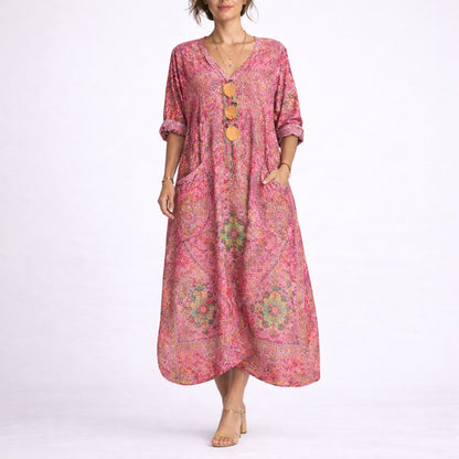 Effortless Printed Autumn Wedding Guest Dress for Women with V Neck Bell Sleeve Button Front Flowing Bohemian Style