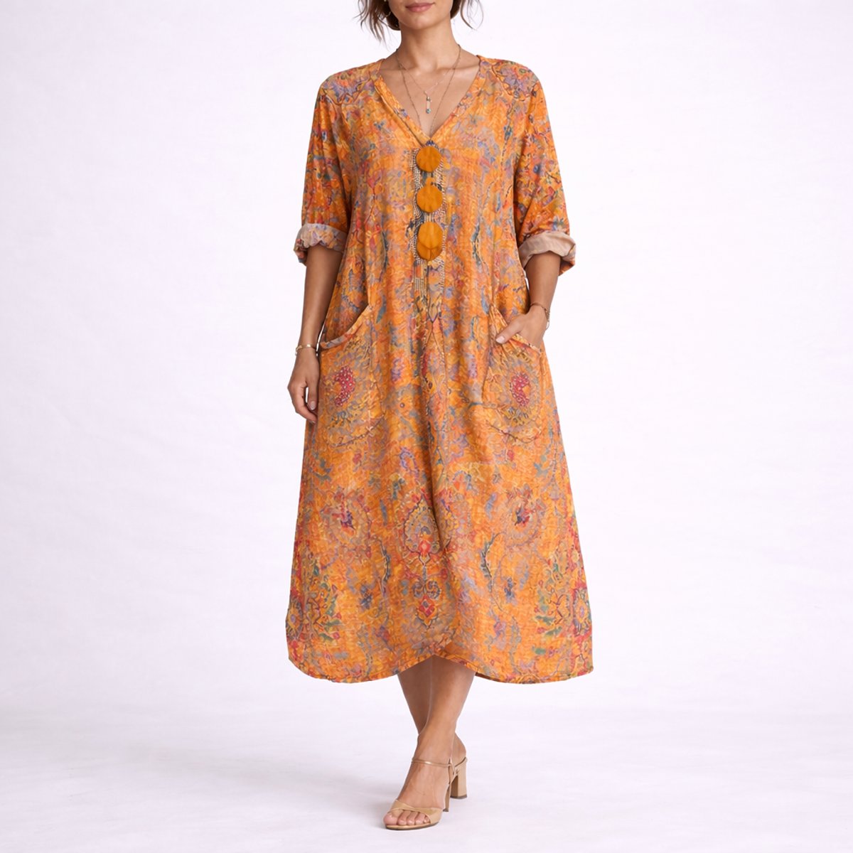 Effortless Printed Autumn Wedding Guest Dress for Women with V Neck Bell Sleeve Button Front Flowing Bohemian Style