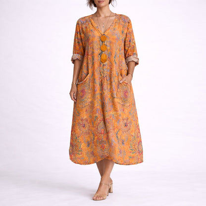 Effortless Printed Autumn Wedding Guest Dress for Women with V Neck Bell Sleeve Button Front Flowing Bohemian Style