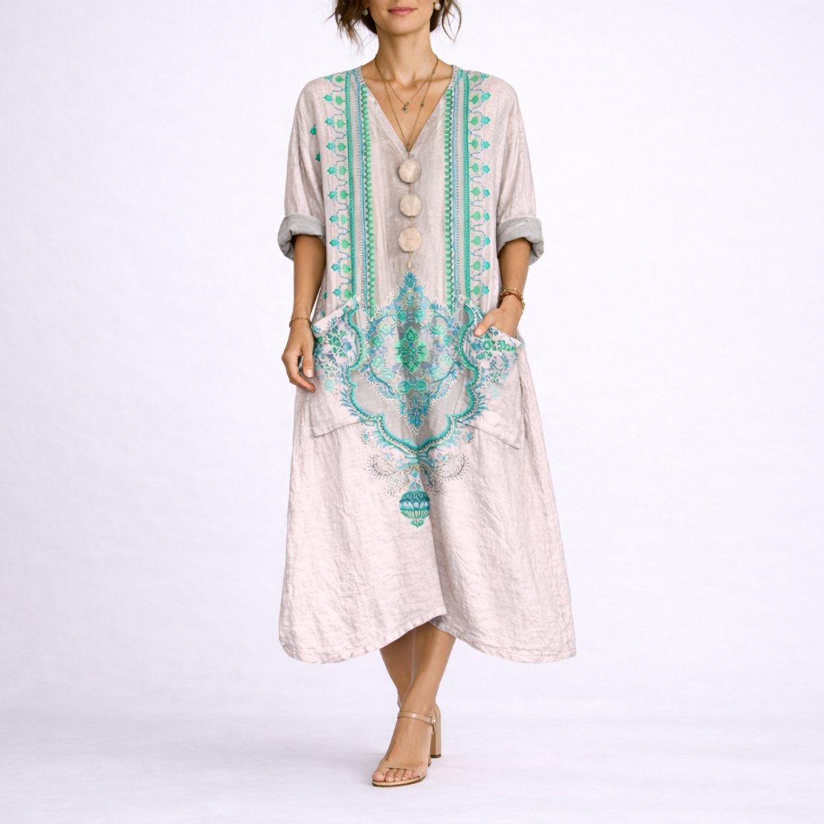 Effortless Printed Autumn Wedding Guest Dress for Women with V Neck Bell Sleeve Button Front Flowing Bohemian Style