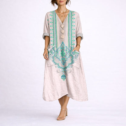 Effortless Printed Autumn Wedding Guest Dress for Women with V Neck Bell Sleeve Button Front Flowing Bohemian Style