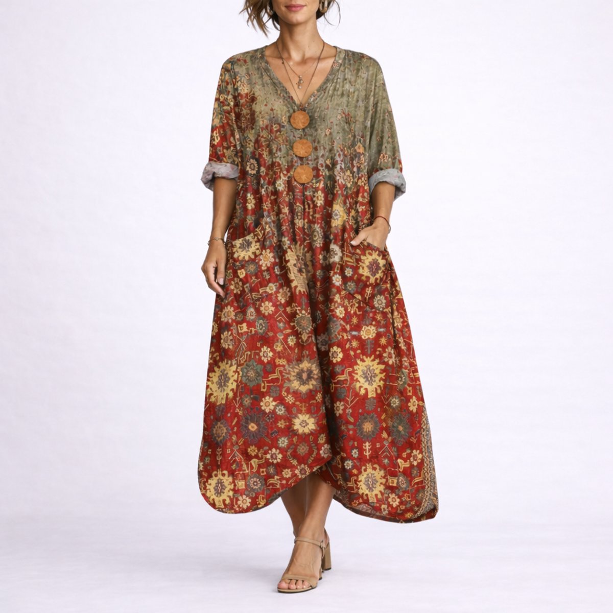 Effortless Printed Autumn Wedding Guest Dress for Women with V Neck Bell Sleeve Button Front Flowing Bohemian Style