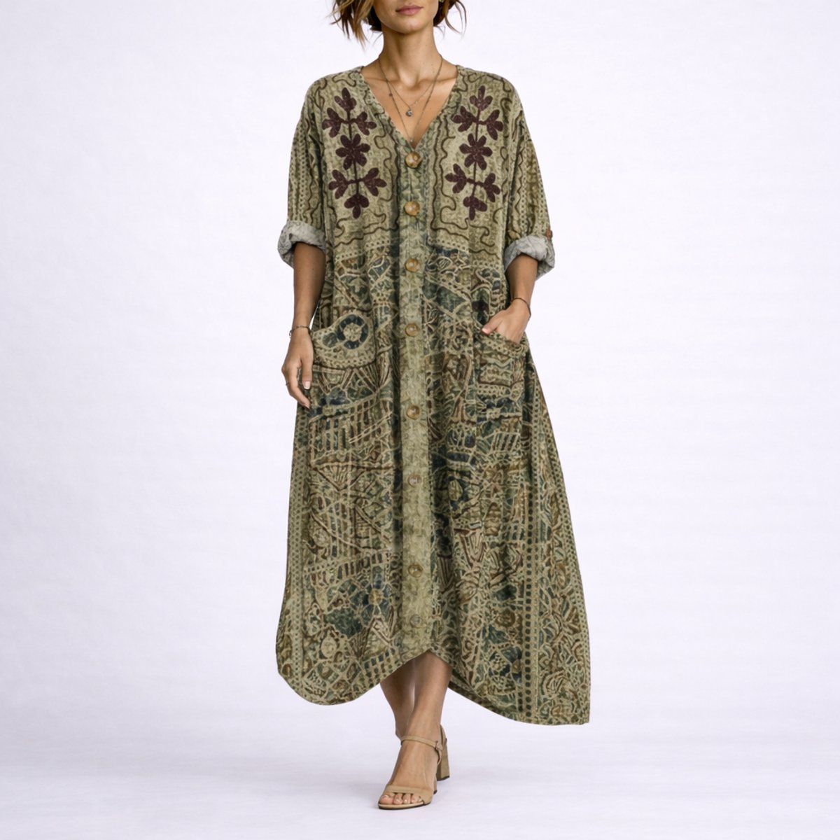 Effortless Printed Autumn Wedding Guest Dress for Women with V Neck Bell Sleeve Button Front Flowing Bohemian Style