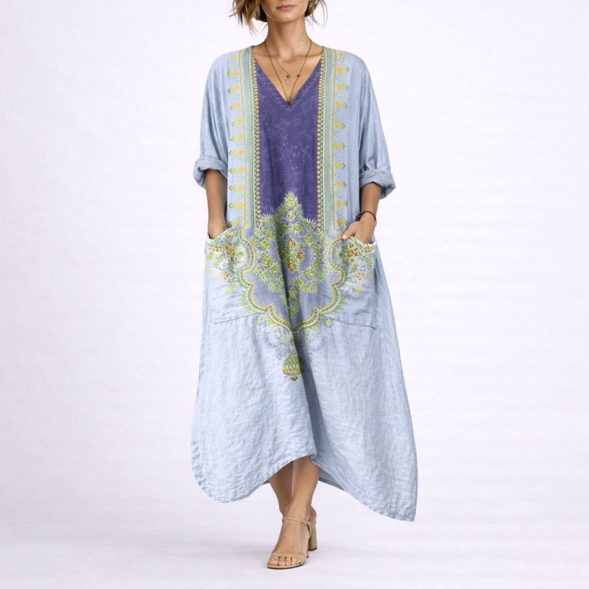 Effortless Printed Autumn Wedding Guest Dress for Women with V Neck Bell Sleeve Button Front Flowing Bohemian Style