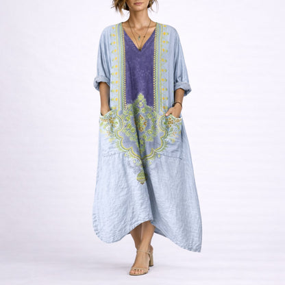 Effortless Printed Autumn Wedding Guest Dress for Women with V Neck Bell Sleeve Button Front Flowing Bohemian Style