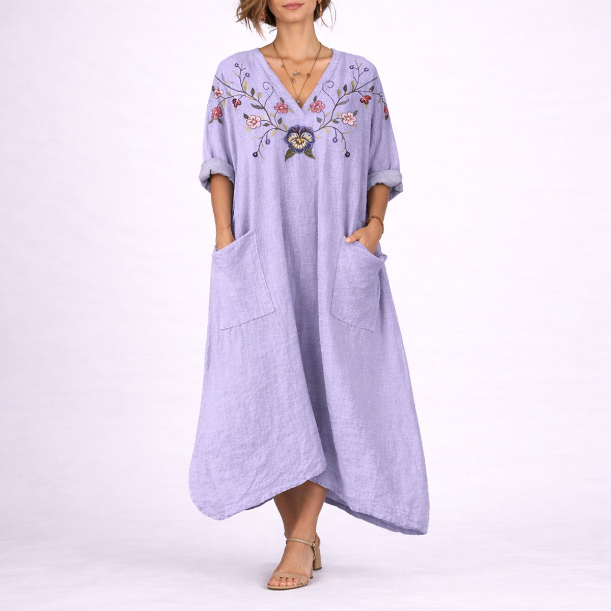 Effortless Printed Autumn Wedding Guest Dress for Women with V Neck Bell Sleeve Button Front Flowing Bohemian Style