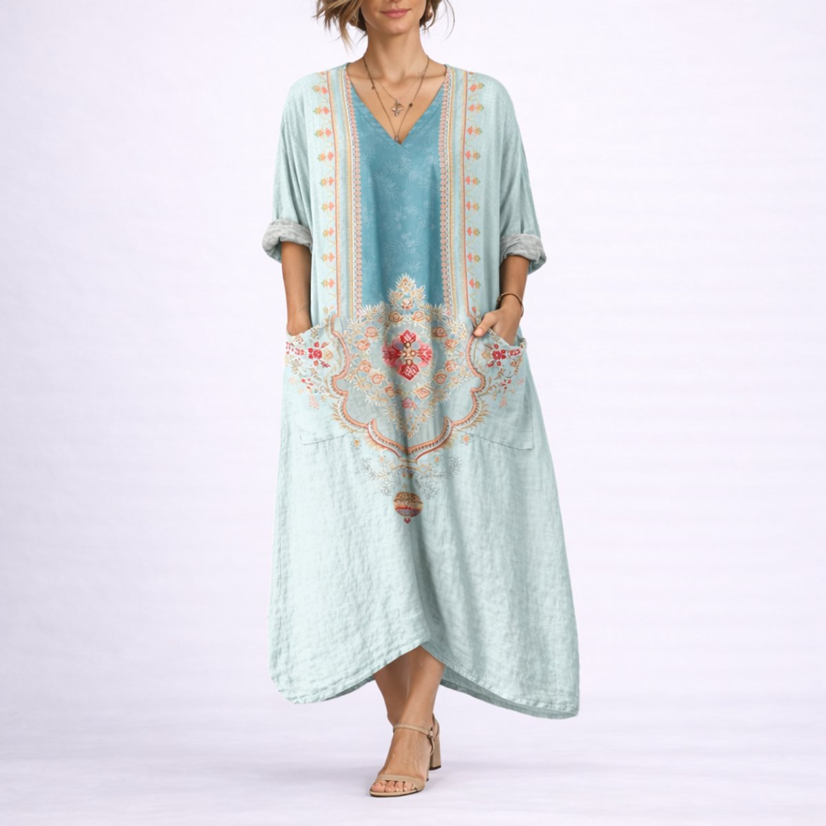 Effortless Printed Autumn Wedding Guest Dress for Women with V Neck Bell Sleeve Button Front Flowing Bohemian Style