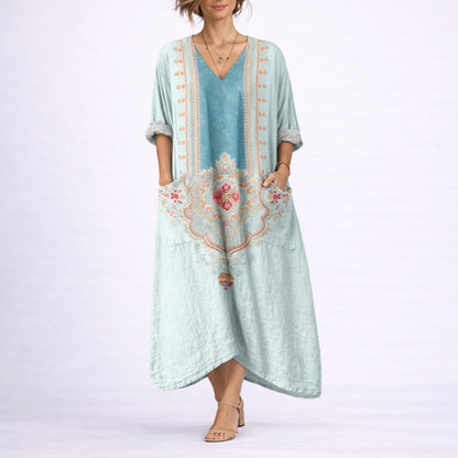 Effortless Printed Autumn Wedding Guest Dress for Women with V Neck Bell Sleeve Button Front Flowing Bohemian Style