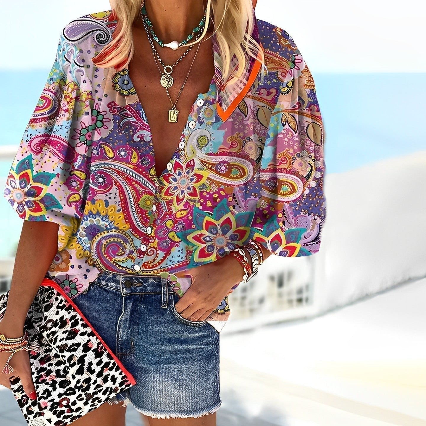 Effortless Multicolor Paisley Print Blouse for Women with V Neck Elbow Sleeve Button Front Bohemian Style