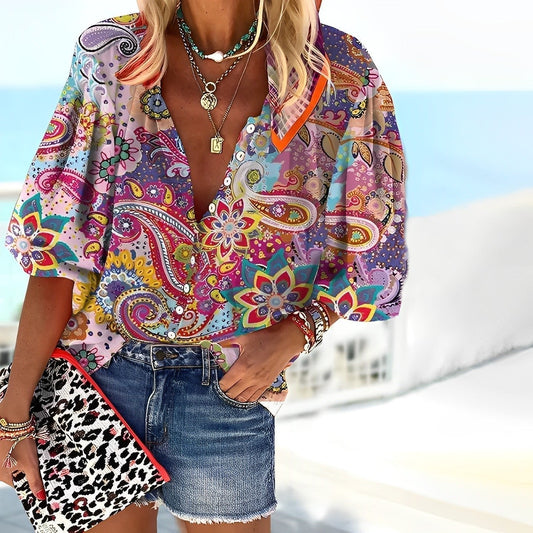 Effortless Multicolor Paisley Print Blouse for Women with V Neck Elbow Sleeve Button Front Bohemian Style
