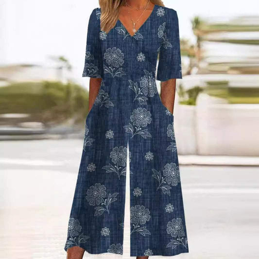 Effortless Floral Wide Leg Jumpsuit for Women with V Neck Elbow Sleeve Pocket Bohemian Style