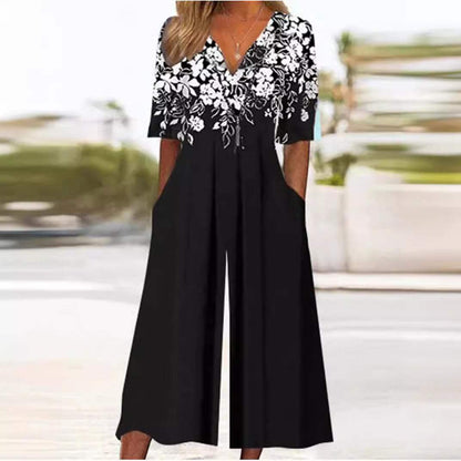 Effortless Floral Wide Leg Jumpsuit for Women with V Neck Elbow Sleeve Pocket Bohemian Style