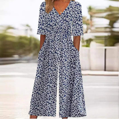 Effortless Floral Wide Leg Jumpsuit for Women with V Neck Elbow Sleeve Pocket Bohemian Style