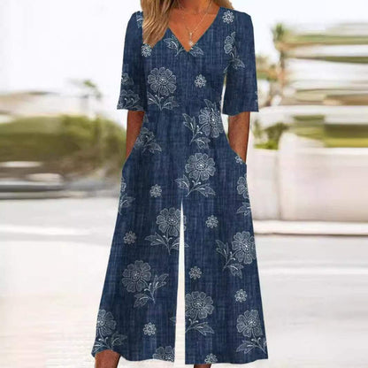 Effortless Floral Wide Leg Jumpsuit for Women with V Neck Elbow Sleeve Pocket Bohemian Style