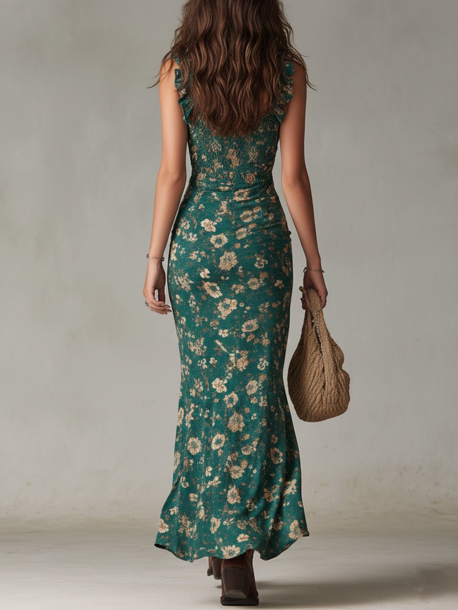 Effortless Floral Maxi Dress for Women with Square Neck Ruffle Strap Smocked High Slit Bohemian Style