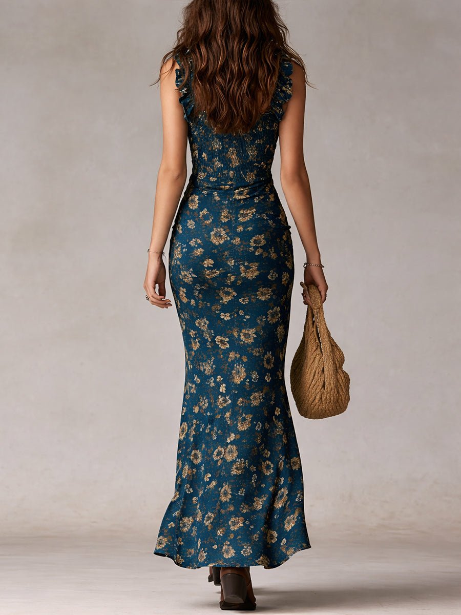Effortless Floral Maxi Dress for Women with Square Neck Ruffle Strap Smocked High Slit Bohemian Style