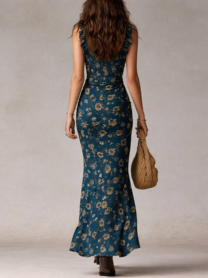 Effortless Floral Maxi Dress for Women with Square Neck Ruffle Strap Smocked High Slit Bohemian Style