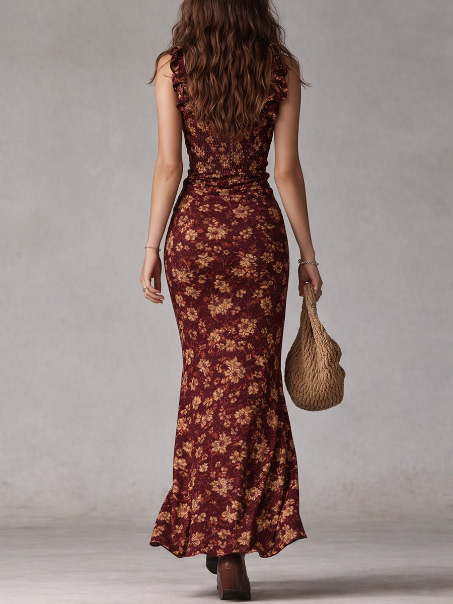 Effortless Floral Maxi Dress for Women with Square Neck Ruffle Strap Smocked High Slit Bohemian Style