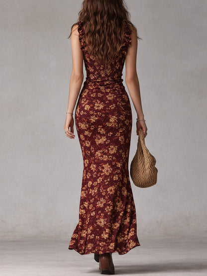 Effortless Floral Maxi Dress for Women with Square Neck Ruffle Strap Smocked High Slit Bohemian Style