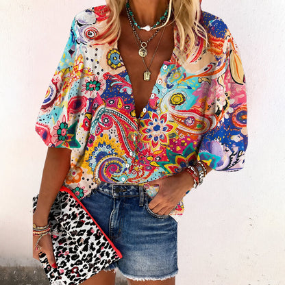 Effortless Paisley Print Blouse for Women with V Neck Half Sleeve Relaxed Boho Style
