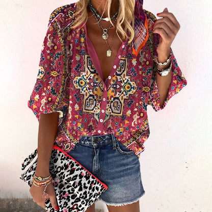 Effortless Paisley Print Blouse for Women with V Neck Half Sleeve Relaxed Boho Style