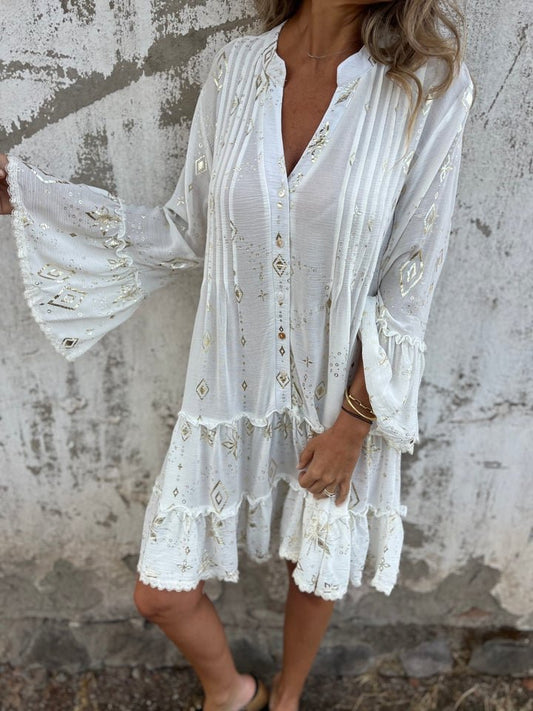 Effortless Metallic Print Mini Dress for Women with V Neck Bell Sleeve Tiered Ruffle Bohemian Style