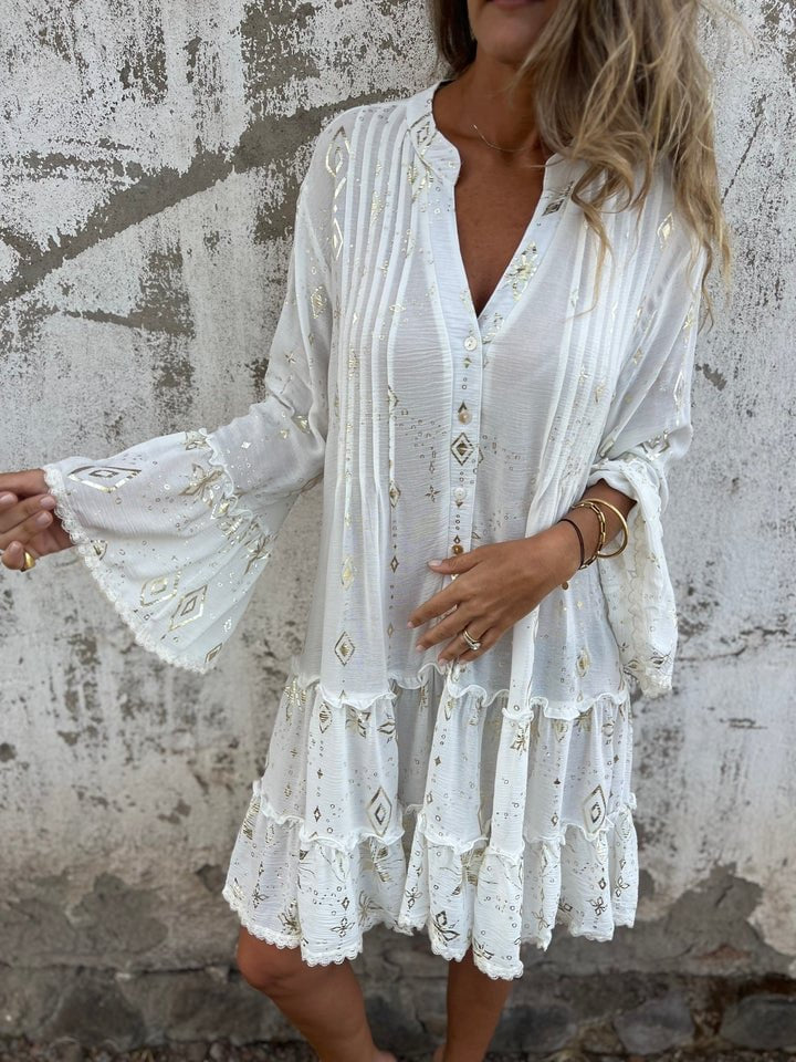Effortless Metallic Print Mini Dress for Women with V Neck Bell Sleeve Tiered Ruffle Bohemian Style