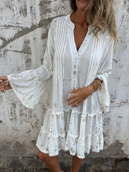 Effortless Metallic Print Mini Dress for Women with V Neck Bell Sleeve Tiered Ruffle Bohemian Style