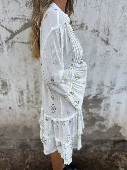 Effortless Metallic Print Mini Dress for Women with V Neck Bell Sleeve Tiered Ruffle Bohemian Style
