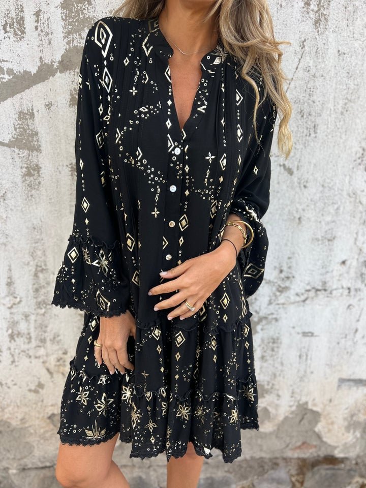 Effortless Metallic Print Mini Dress for Women with V Neck Bell Sleeve Tiered Ruffle Bohemian Style