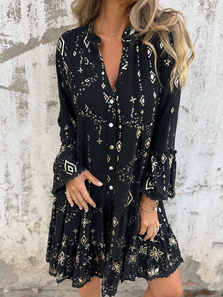 Effortless Metallic Print Mini Dress for Women with V Neck Bell Sleeve Tiered Ruffle Bohemian Style