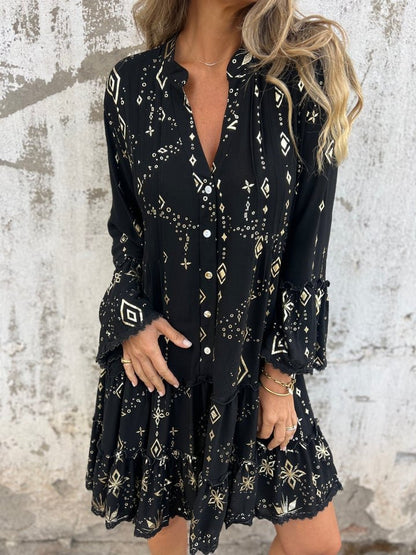Effortless Metallic Print Mini Dress for Women with V Neck Bell Sleeve Tiered Ruffle Bohemian Style