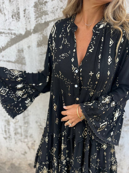 Effortless Metallic Print Mini Dress for Women with V Neck Bell Sleeve Tiered Ruffle Bohemian Style