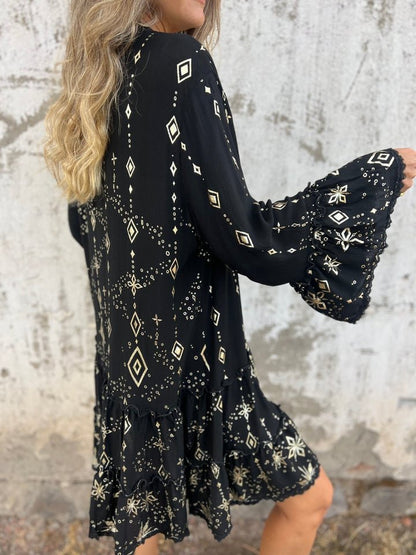 Effortless Metallic Print Mini Dress for Women with V Neck Bell Sleeve Tiered Ruffle Bohemian Style