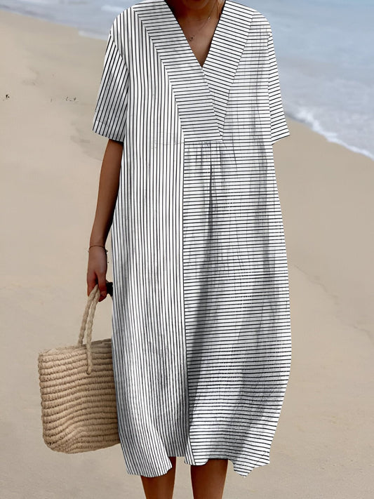 Effortless Patchwork Print Linen Midi Dress for Women with V Neck Short Sleeve Relaxed Flowing Style
